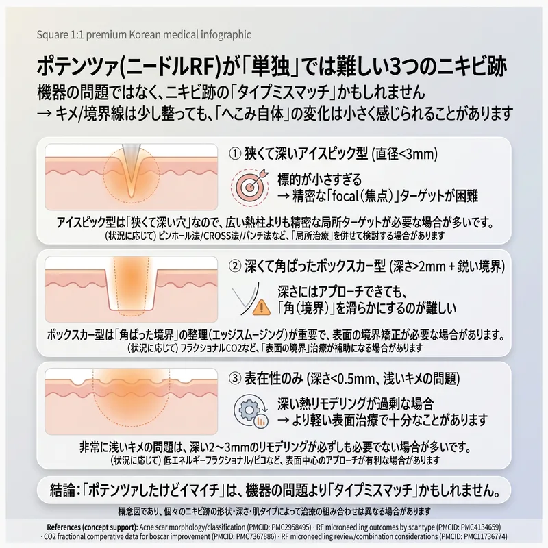 ポテンツァ単独では難しい3つの瘢痕タイプ — アイスピック、深いボックスカー、表在性のみの場合