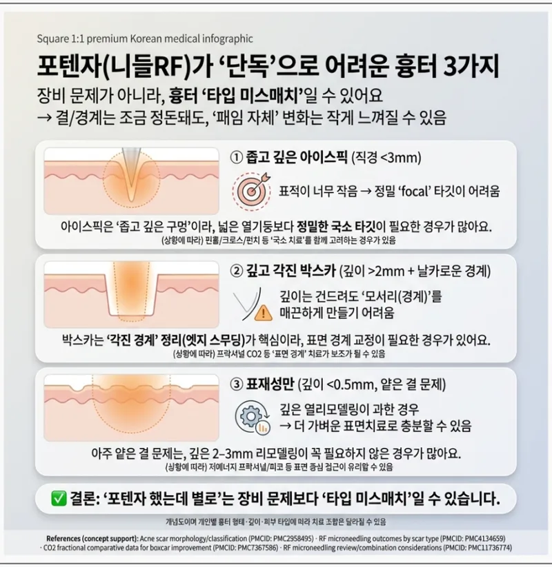 포텐자가 단독으로 어려운 흉터 3가지 — 아이스픽, 깊은 박스카, 표재성만의 경우 설명
