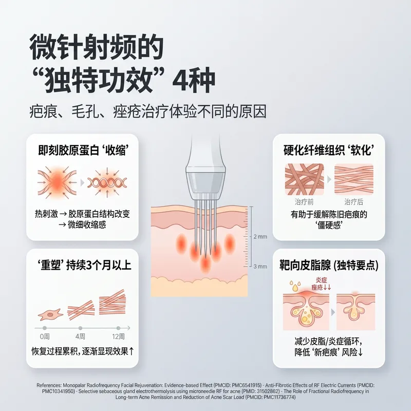 微针射频4种特殊效果信息图 — 胶原收缩、纤维组织软化、重塑、皮脂腺靶向