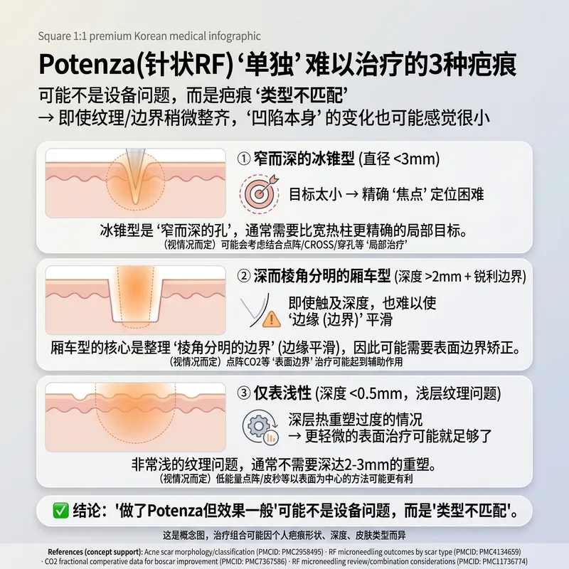 Potenza单独难以解决的3种疤痕类型 — 冰锥型、深箱车型、仅表浅型