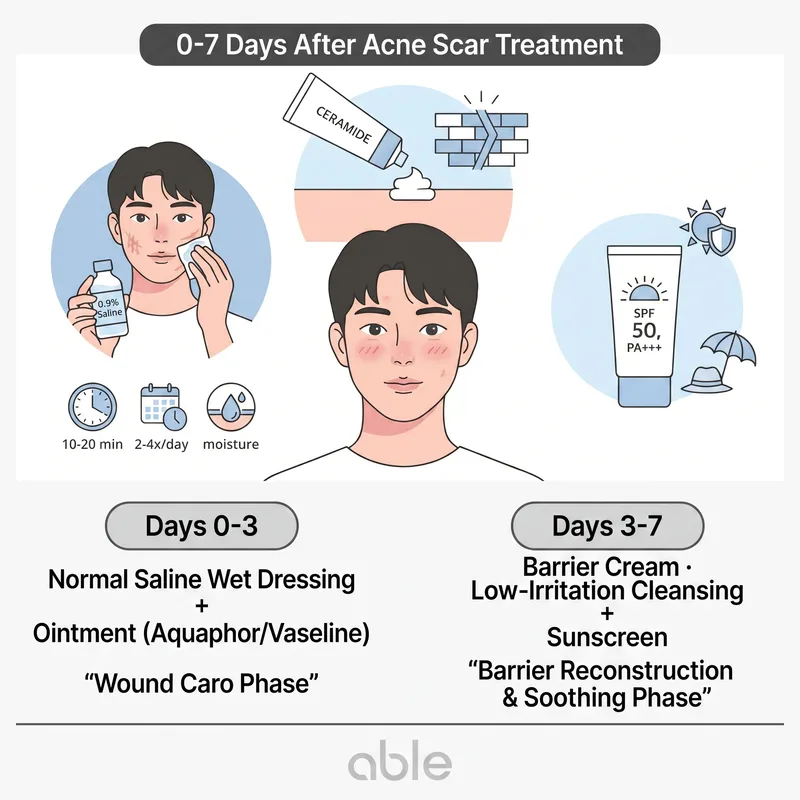 Acne scar treatment days 0-7 acute phase skincare guide: saline compress and barrier cream stages