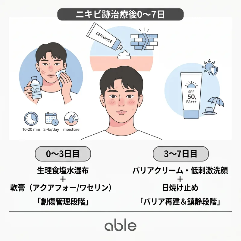 ニキビ跡治療後0〜7日急性期スキンケアガイド：生理食塩水湿布とバリアクリームの段階