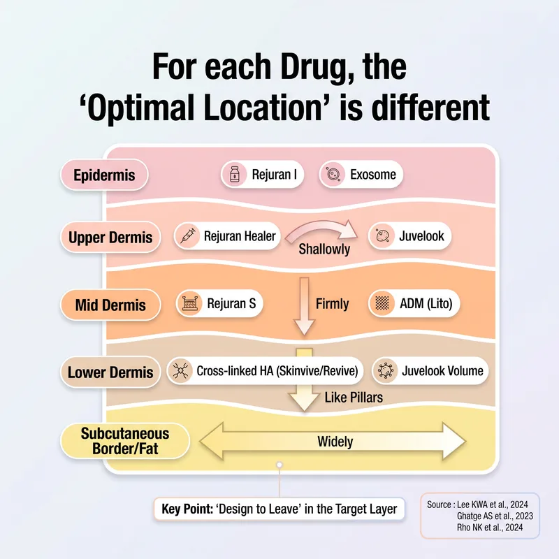 Optimal injection depth by product — skin layer cross-section diagram