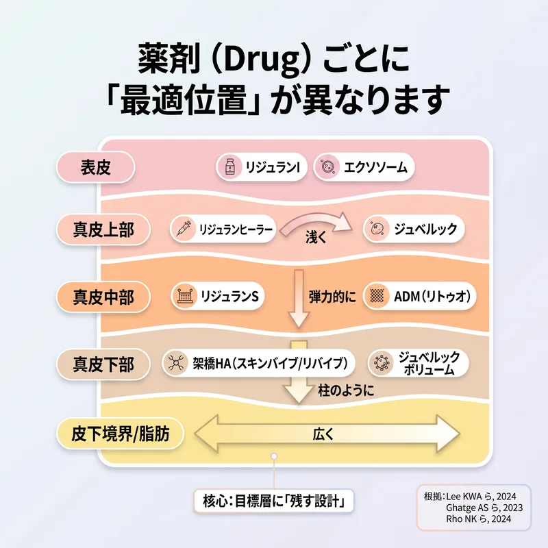 薬物別最適注入深度 — 表皮から真皮下部まで皮膚層断面図