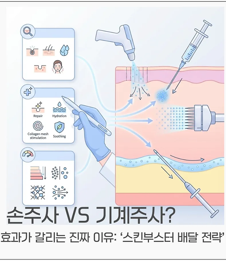 손주사 vs 기계주사 비교 — 스킨부스터 배달 전략 일러스트