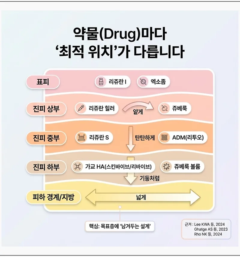 약물별 최적 주입 위치 — 표피에서 진피 하부까지 피부층 단면도