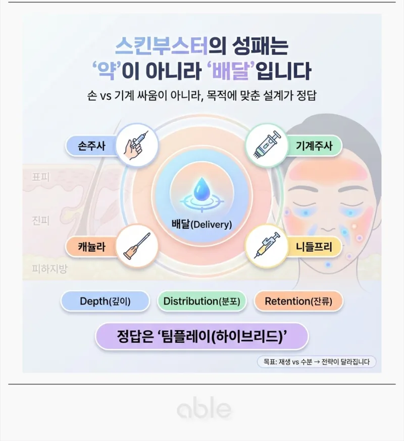 스킨부스터 배달 방법 비교 — 손주사·기계주사·캐뉼라·니들프리와 목표별 설계