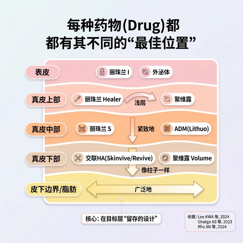按产品的最佳注射深度 — 从表皮到深层真皮的皮肤层截面图