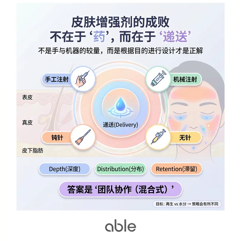 皮肤促进剂递送方法对比 — 手工、机器、套管、无针