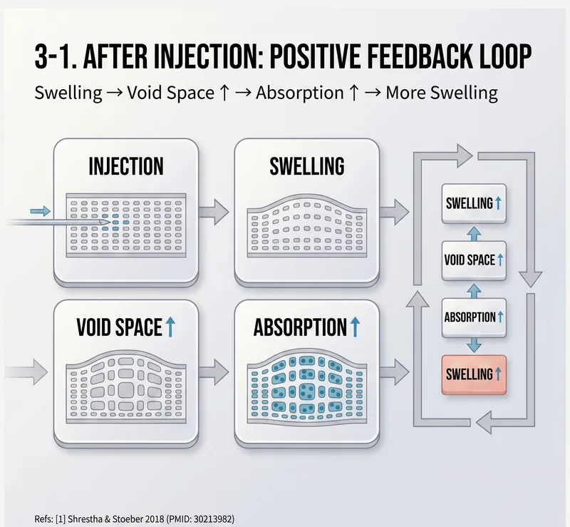 Post-injection positive feedback loop — swelling, porosity, absorption cycle