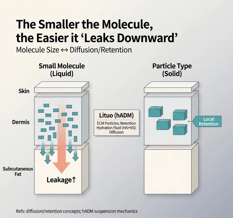 Small molecule liquid vs particulate solid skin booster diffusion comparison