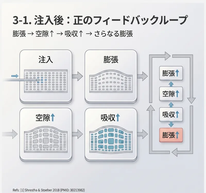 注射後の正のフィードバックループ — 膨張・空隙・吸収の循環図