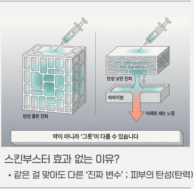 탄성 좋은 진피와 탄성 낮은 진피에 스킨부스터 주입 비교 일러스트