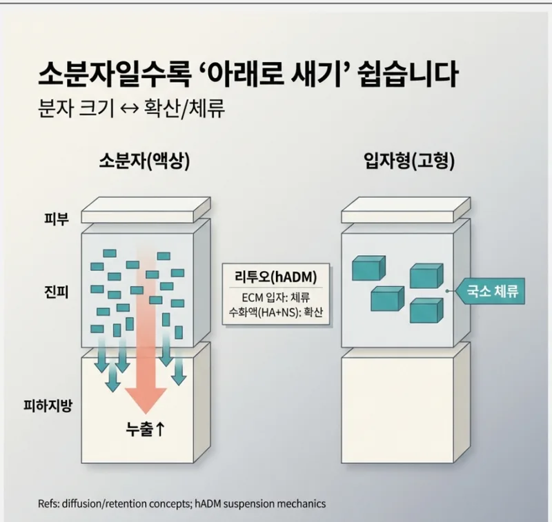 소분자 액상 vs 입자형 고형 스킨부스터의 피부층 확산·체류 비교