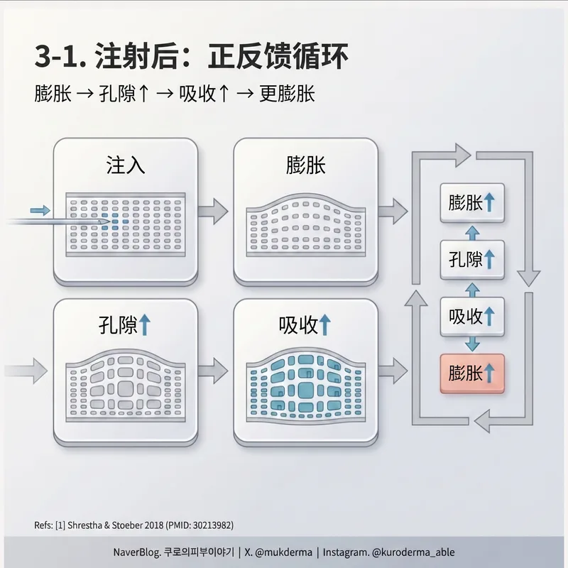 注射后正反馈循环 — 膨胀·孔隙·吸收循环图