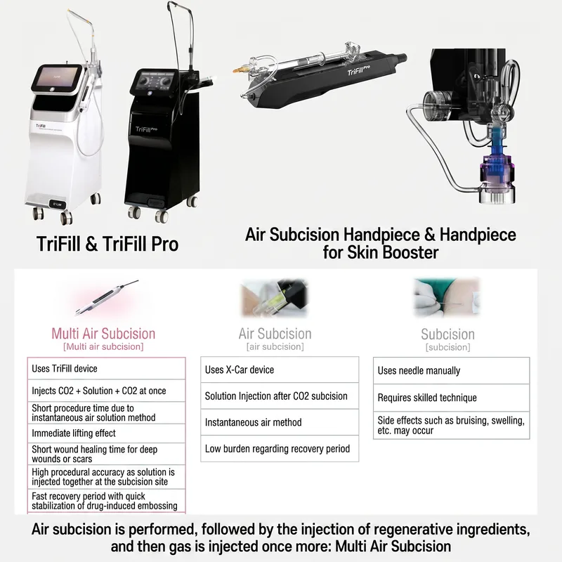 TriFill/TriFill Pro and air subcision equipment comparison: multi air subcision, air subcision, subcision comparison table