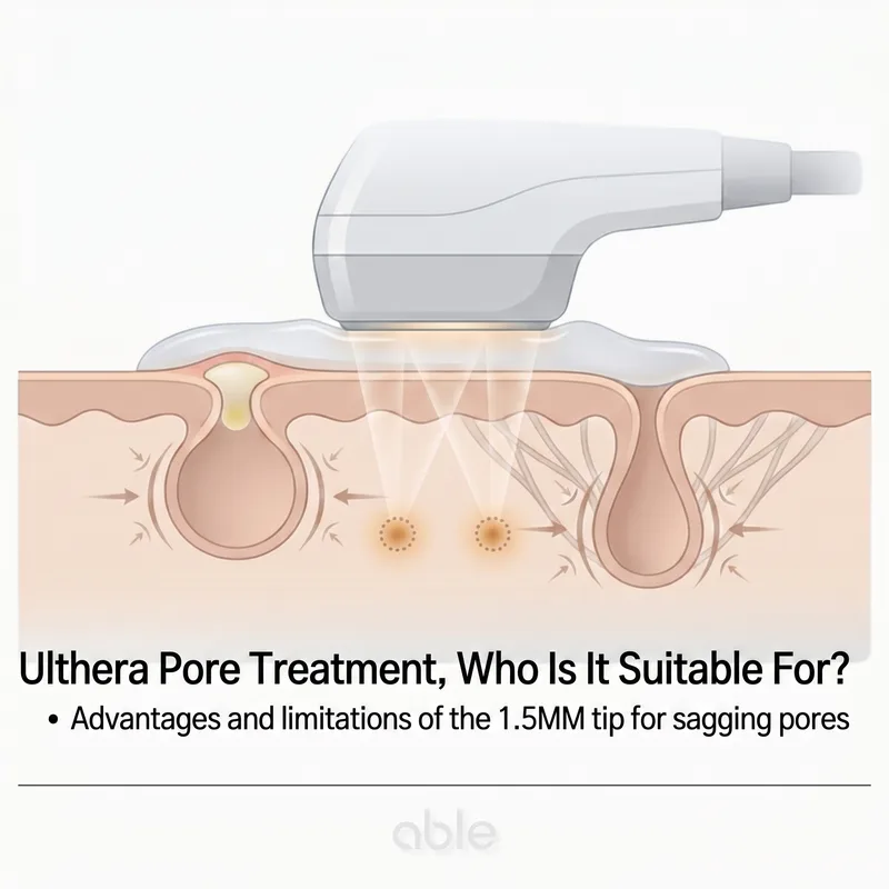 Ulthera 1.5mm tip forming thermal coagulation points in dermal layer around pores cross-section illustration