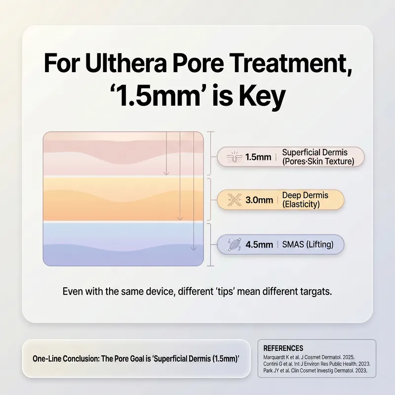 Ulthera multi-layer approach: 1.5mm, 3.0mm, 4.5mm tip skin layer depth comparison