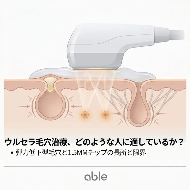 ウルセラ1.5mmチップが毛穴周辺の真皮層に熱凝固点を形成する断面イラスト