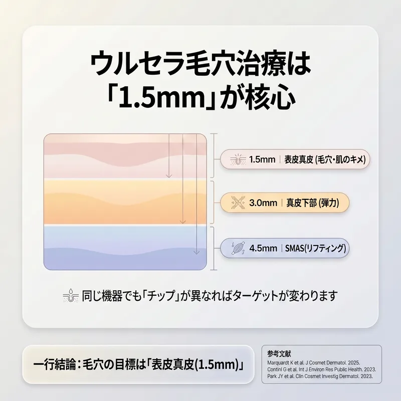 ウルセラ多層アプローチ：1.5mm・3.0mm・4.5mmチップの皮膚層別作用深度比較
