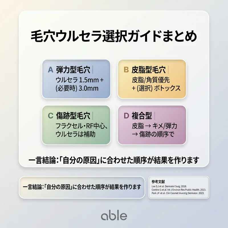 毛穴原因別カスタマイズ治療戦略：皮脂型・弾力型・遺伝型の各1次治療方向図