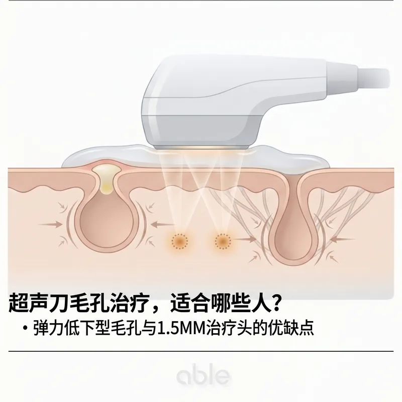 Ulthera 1.5mm探头在毛孔周围真皮层形成热凝固点的截面插图