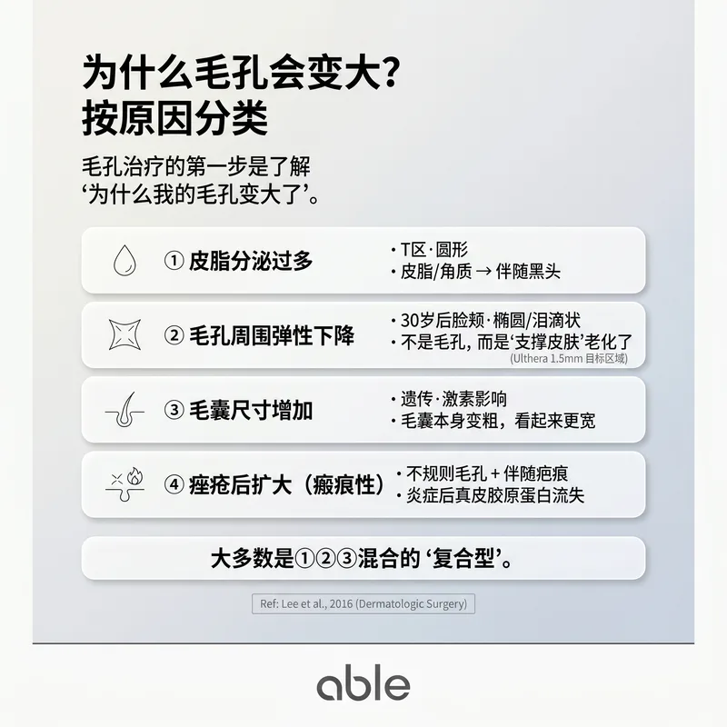 毛孔扩大的三种原因：皮脂过多、弹力下降、疤痕类型比较插图