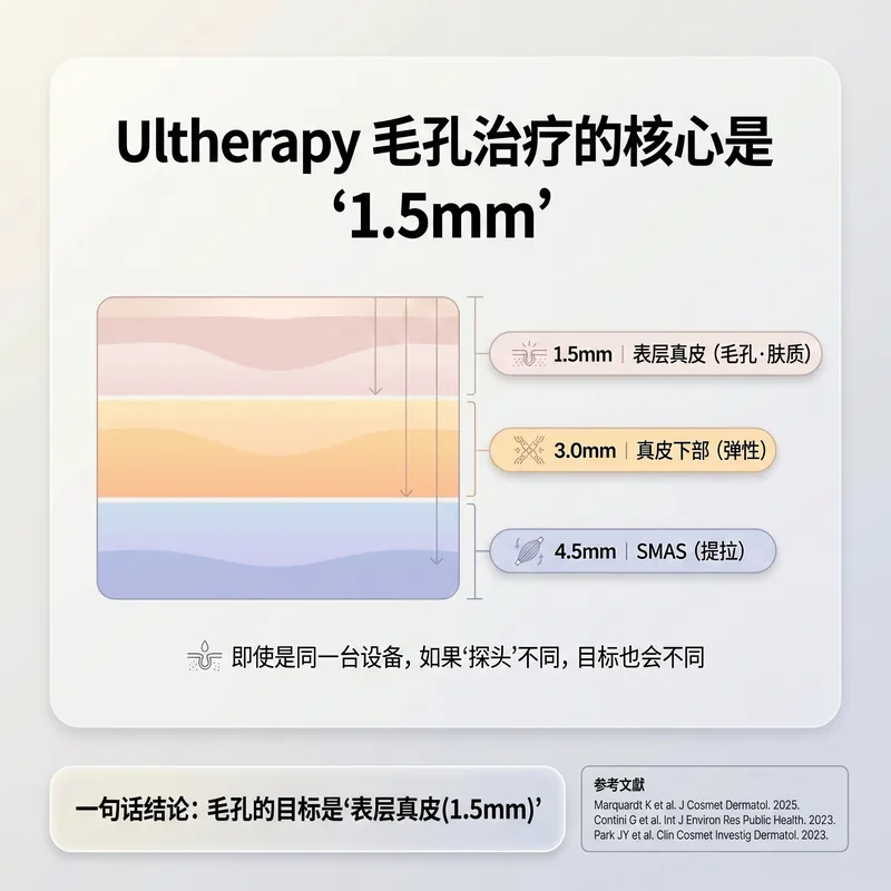 Ulthera多层方法：1.5mm、3.0mm、4.5mm探头各皮肤层作用深度对比