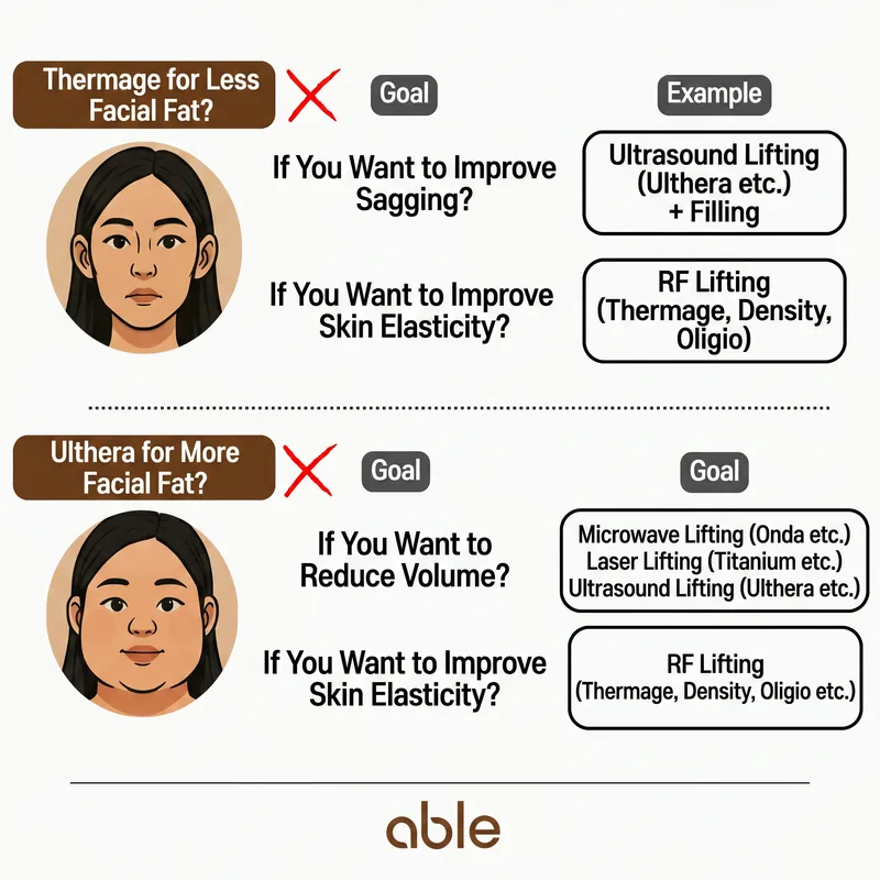 Infographic showing lifting treatment selection based on facial fat volume