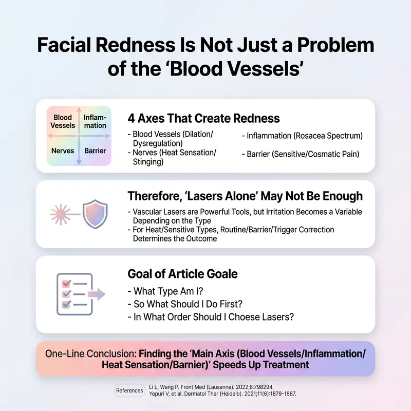 Infographic explaining four axes of facial redness: vascular, inflammation, nerve, barrier