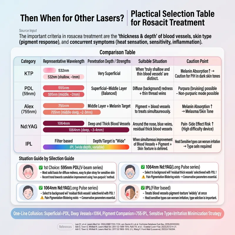 Redness treatment wavelength comparison table: KTP, PDL, Alex, Nd:YAG, IPL selection guide