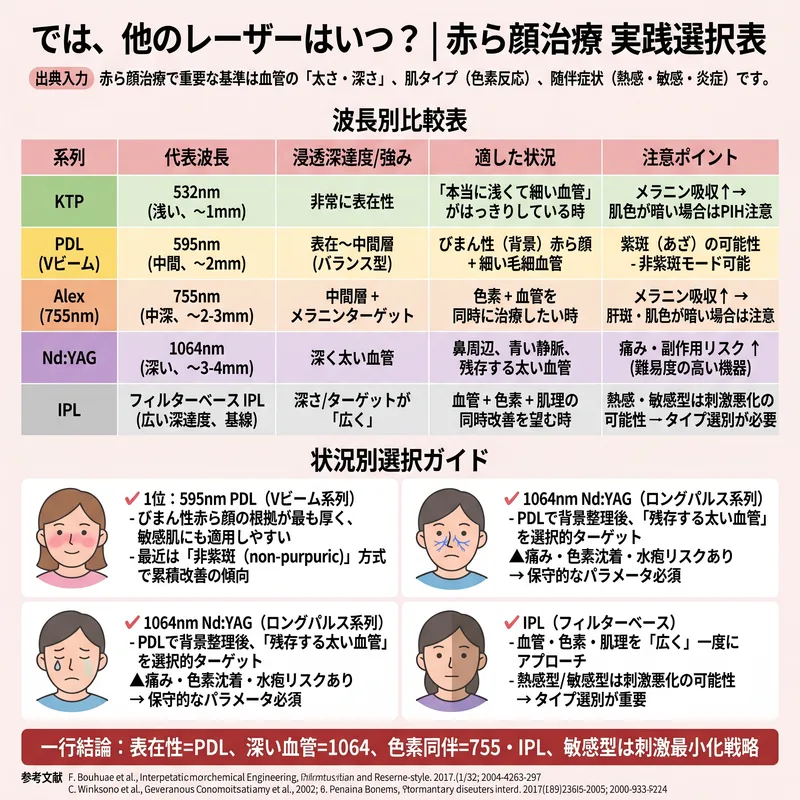 紅潮治療波長別比較表：KTP・PDL・Alex・Nd:YAG・IPL選択ガイド