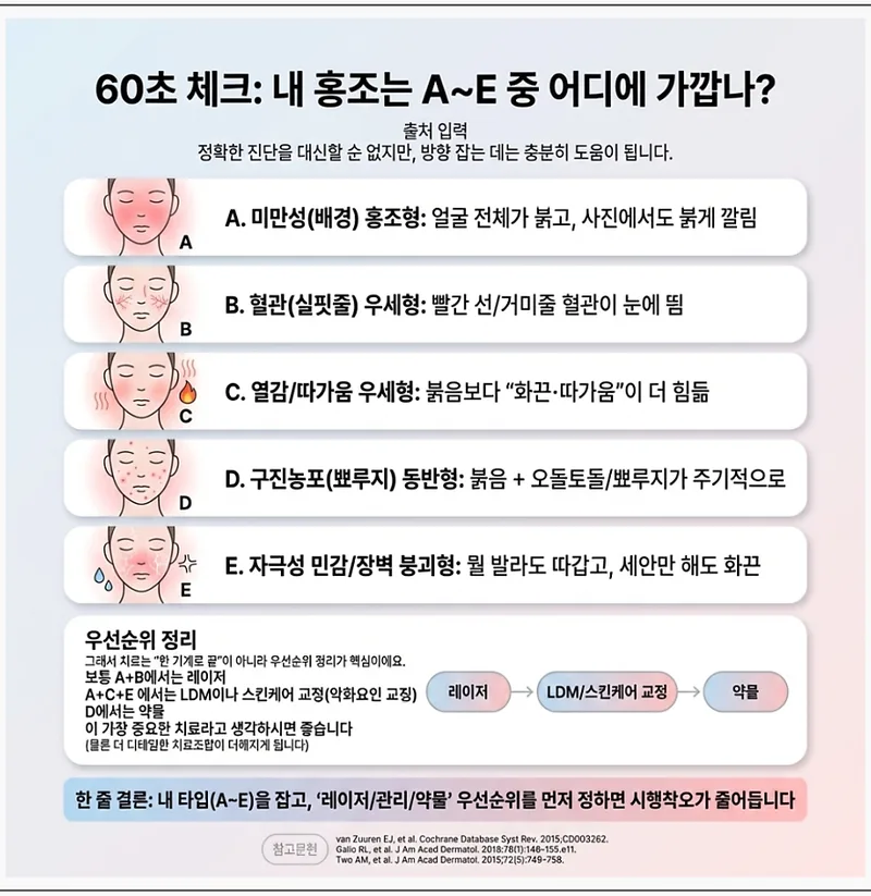 홍조 타입별 자가진단 체크리스트 A~E 유형 분류표