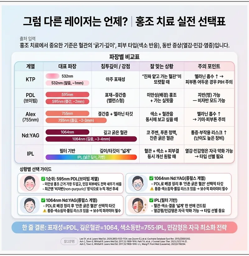 홍조 치료 파장별 비교표: KTP, PDL, Alex, Nd:YAG, IPL 선택 가이드