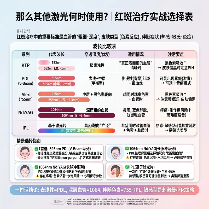 红潮治疗各波长比较表：KTP、PDL、Alex、Nd:YAG、IPL选择指南