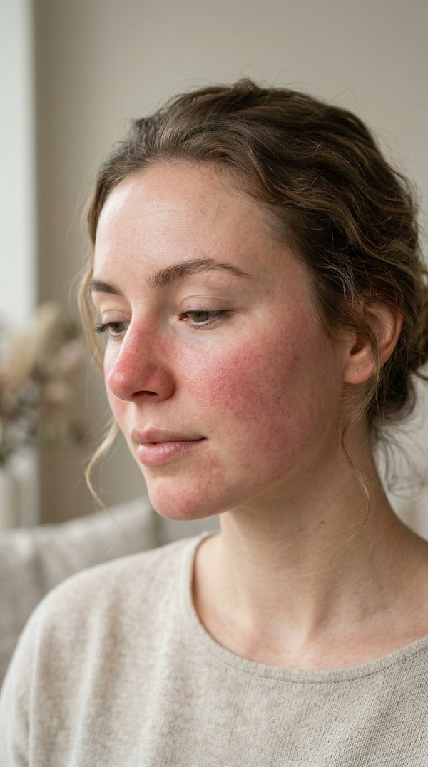 Woman with facial redness and visible blood vessels on cheeks - エイブル皮膚科 rosacea treatment