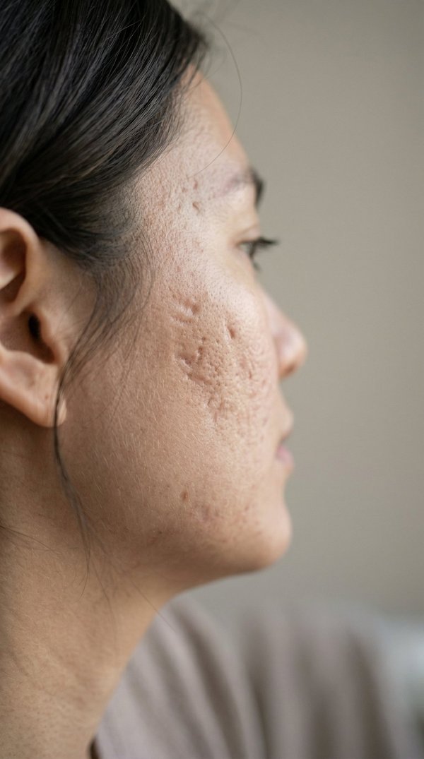 Close-up of acne scarring on cheek area - エイブル皮膚科 scar treatment consultation